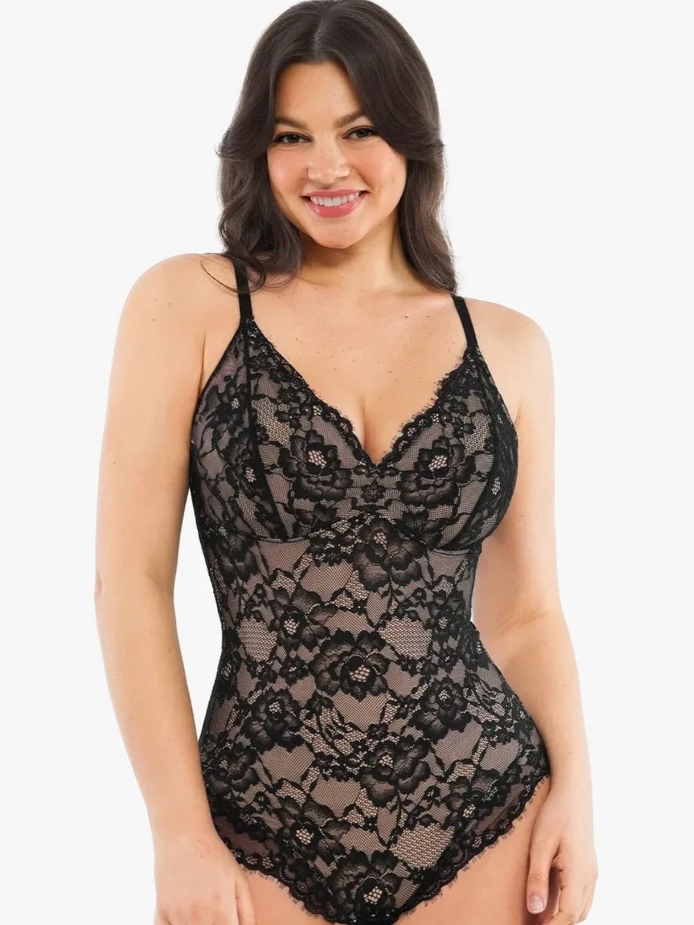 Shapewear Lace Bodysuit - Tummy Control Thong - Black